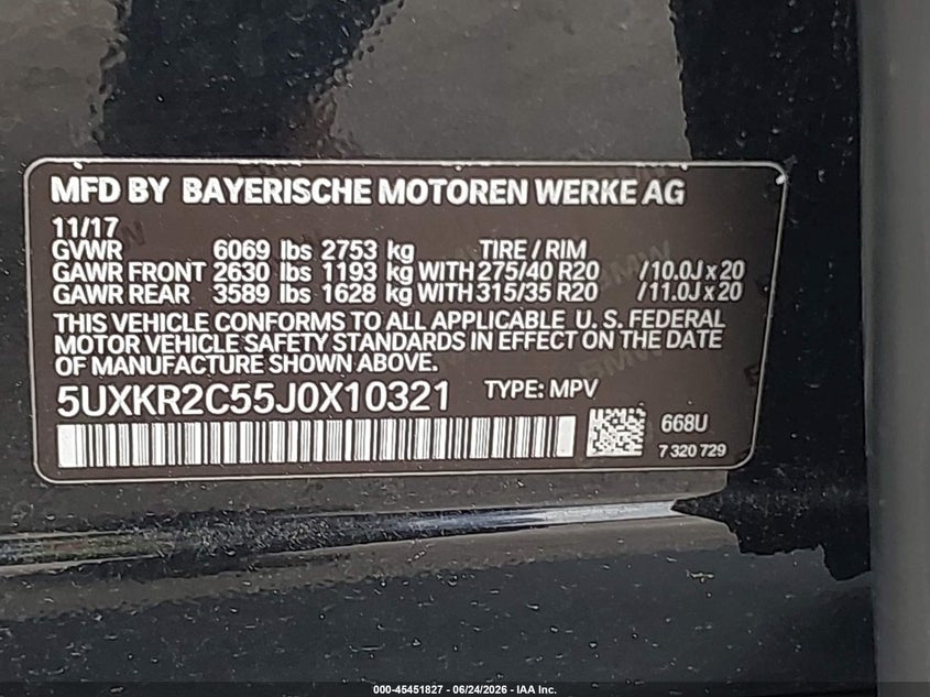 2018 BMW X5 VIN 5UXKR2C55J0X10321 IAAI salvage auction — REAR END, Salvage Title, sold $4,450 on 2026-07-23 (photo 9)