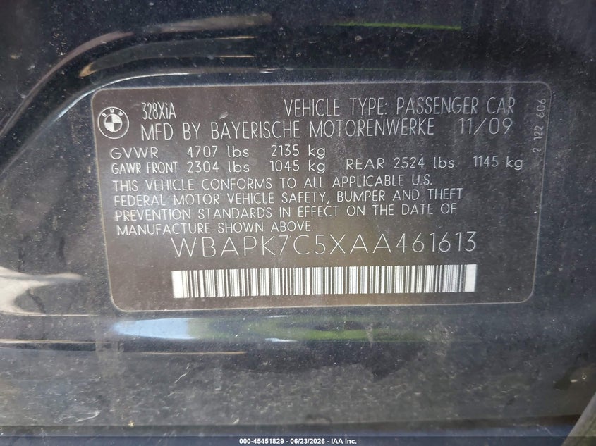 2010 BMW 3er VIN WBAPK7C5XAA461613 IAAI salvage auction — FRONT & REAR, Rebuildable (Florida), sold $300 on 2026-07-08 (photo 9)