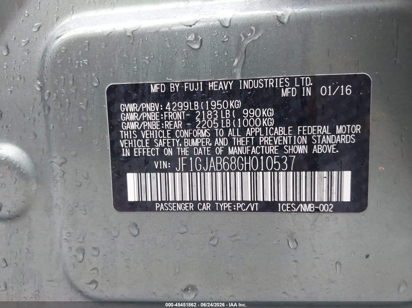2016 Subaru Impreza VIN JF1GJAB68GH010537 IAAI salvage auction — FRONT END, Salvage Title, sold $1,550 on 2026-07-21 (photo 9)
