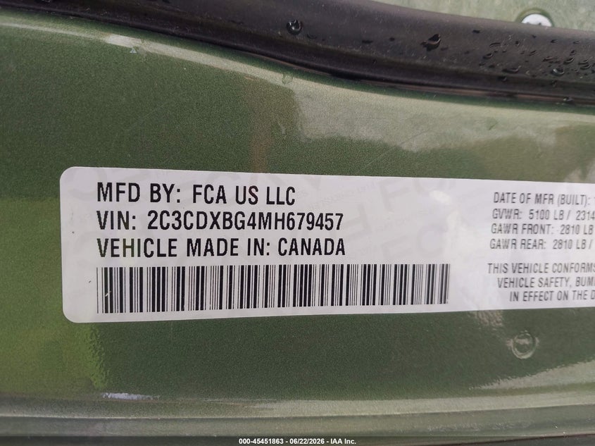 2021 Dodge Charger VIN 2C3CDXBG4MH679457 IAAI salvage auction — WATER/FLOOD, Salvage Title, sold $4,500 on 2026-07-24 (photo 9)