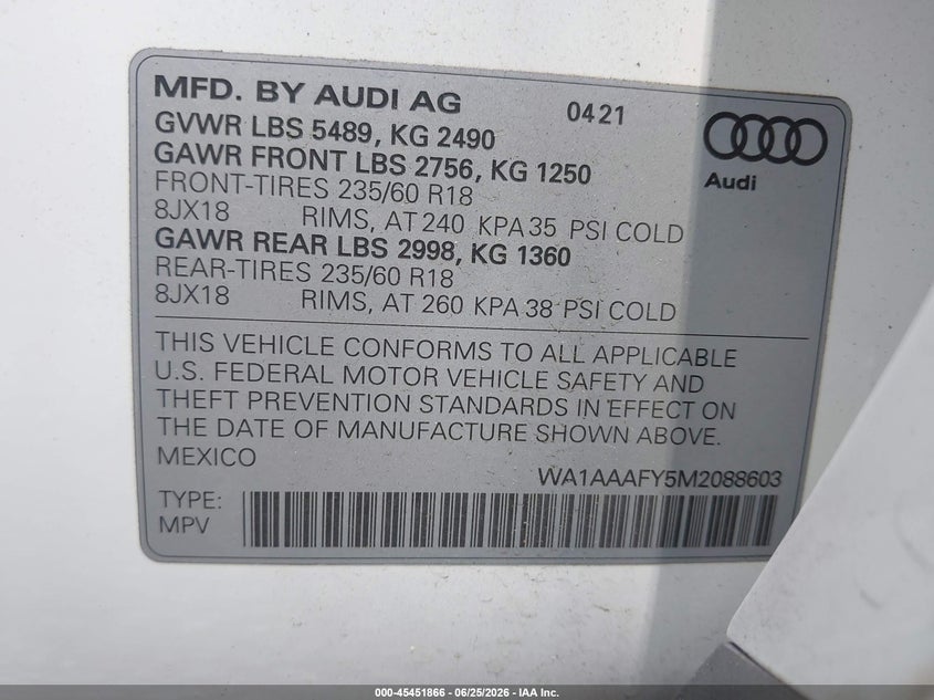 2021 Audi Q5 VIN WA1AAAFY5M2088603 IAAI salvage auction — FRONT END, Salvage Title, sold $11,600 on 2026-07-29 (photo 9)