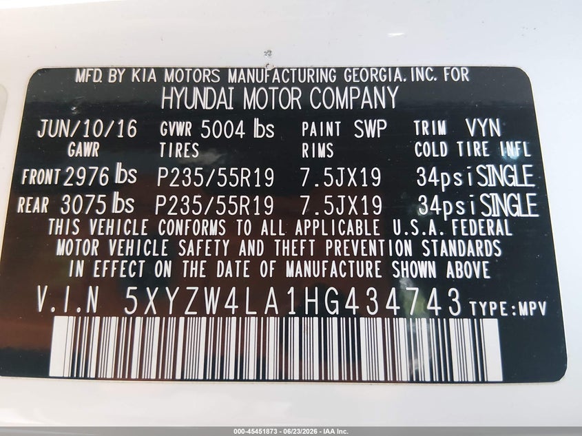 2017 Hyundai Santa fe VIN 5XYZW4LA1HG434743 IAAI salvage auction — FRONT END, Salvage (Kansas), sold $2,550 on 2026-07-22 (photo 9)
