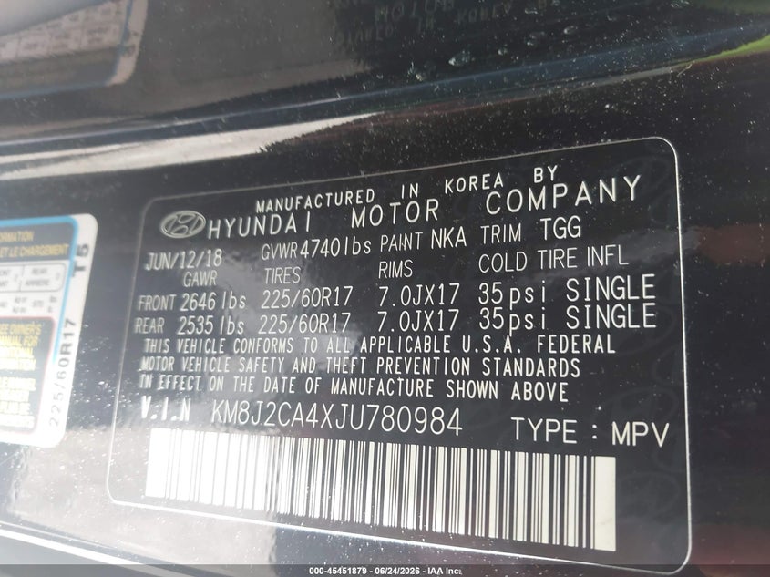 2018 Hyundai Tucson VIN KM8J2CA4XJU780984 IAAI salvage auction — STRIPPED, Salvage (Massachusetts), sold $1,500 on 2026-07-23 (photo 9)