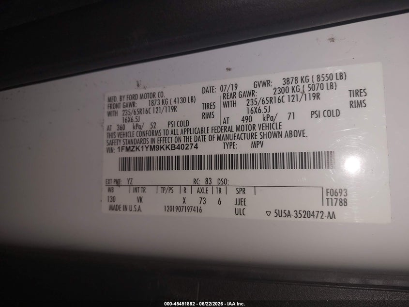 2019 Ford Transit 150 VIN 1FMZK1YM9KKB40274 IAAI salvage auction — NORMAL WEAR, SF97 (Rhode Island), sold $14,850 on 2026-07-23 (photo 9)