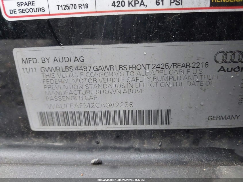 2012 Audi A3 VIN WAUFEAFM2CA082238 IAAI salvage auction — NORMAL WEAR, Clear (Maryland), sold $875 on 2026-07-16 (photo 9)
