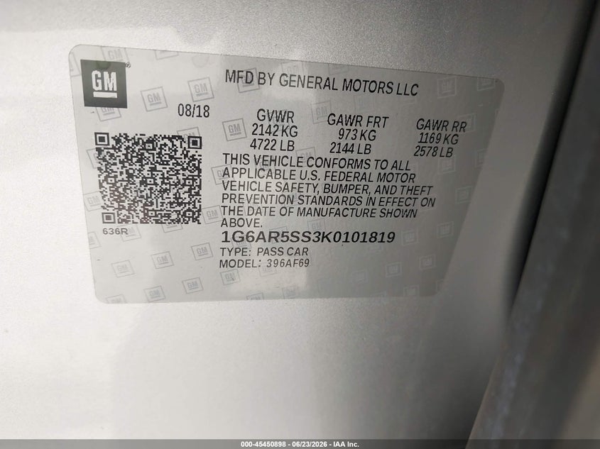 2019 Cadillac Cts VIN 1G6AR5SS3K0101819 IAAI salvage auction — WATER/FLOOD, Wait Title, sold $3,900 on 2026-09-11 (photo 9)