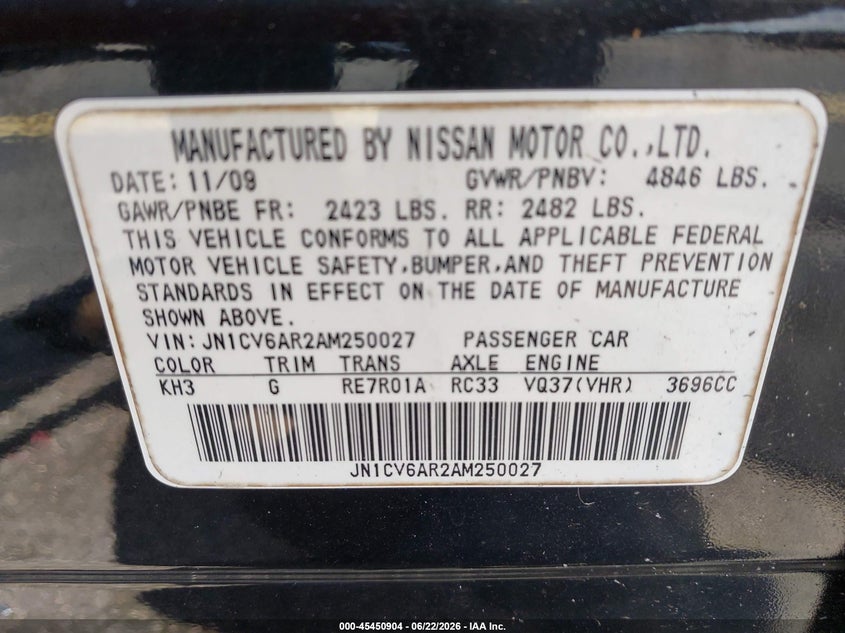 2010 Infiniti G37 VIN JN1CV6AR2AM250027 IAAI salvage auction — LEFT SIDE, Rebuildable (Florida), sold $400 on 2026-07-16 (photo 9)