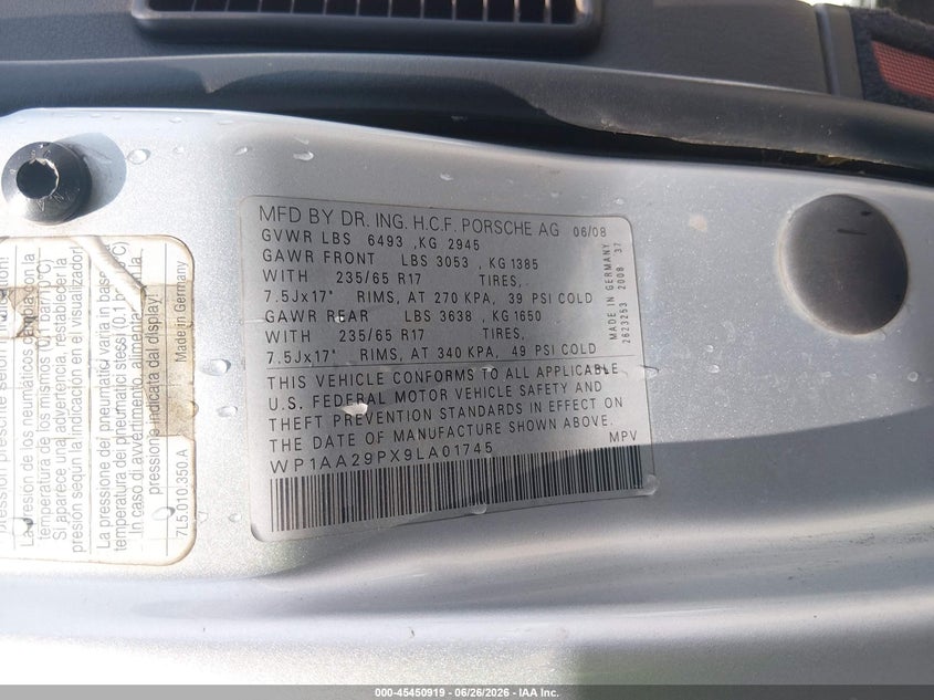 2009 Porsche Cayenne VIN WP1AA29PX9LA01745 IAAI salvage auction — NORMAL WEAR, Clear (Florida), sold $325 on 2026-08-17 (photo 9)