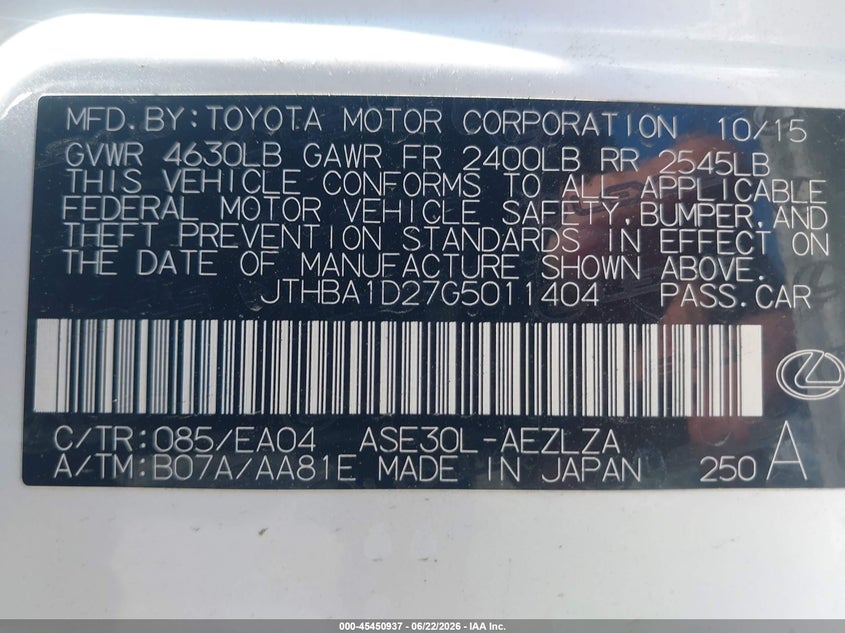 2016 Lexus Is VIN JTHBA1D27G5011404 IAAI salvage auction — LEFT SIDE, Salvage Title, sold $7,600 on 2026-07-27 (photo 9)