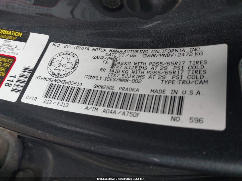 2009 Toyota Tacoma VIN 5TEMU52N09Z605614 IAAI salvage auction — FRONT END, Mv-907A (New York), sold $4,600 on 2026-07-14 (photo 9)