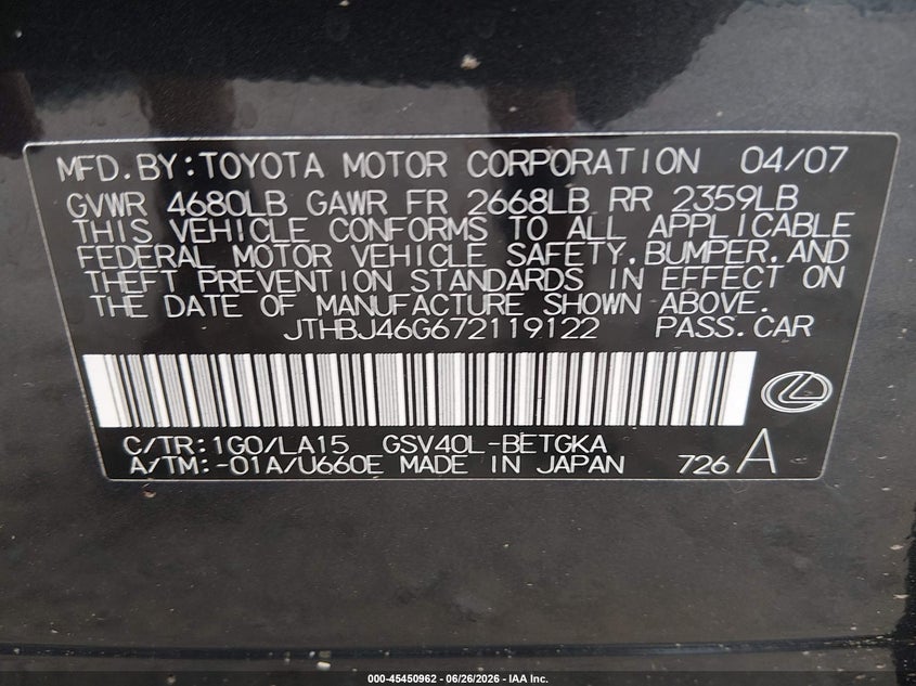 2007 Lexus Es 350 VIN JTHBJ46G672119122 IAAI salvage auction — FRONT & REAR, Salvage (Arkansas), sold $850 on 2026-07-29 (photo 9)