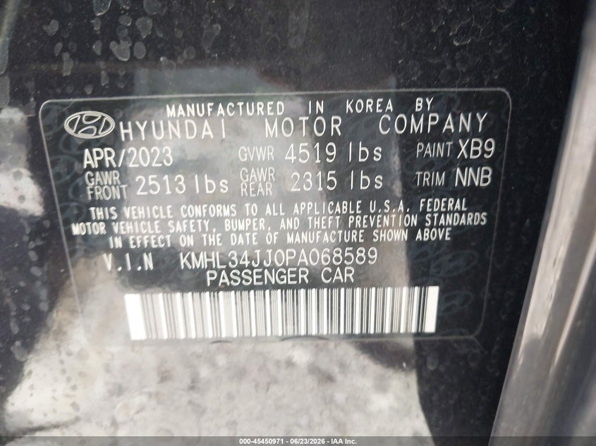 2023 Hyundai Sonata VIN KMHL34JJ0PA068589 IAAI salvage auction — HAIL, Salvage (Wisconsin), sold $6,875 on 2026-07-15 (photo 9)