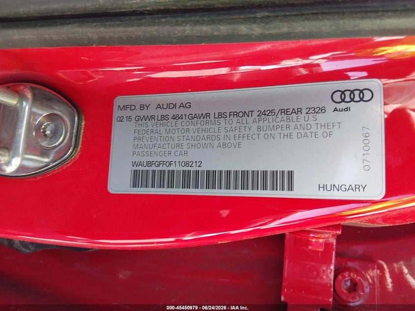 2015 Audi A3 VIN WAUBFGFF0F1108212 IAAI salvage auction — BIO HAZARD, Salvage Title, sold $200 on 2026-08-24 (photo 6)