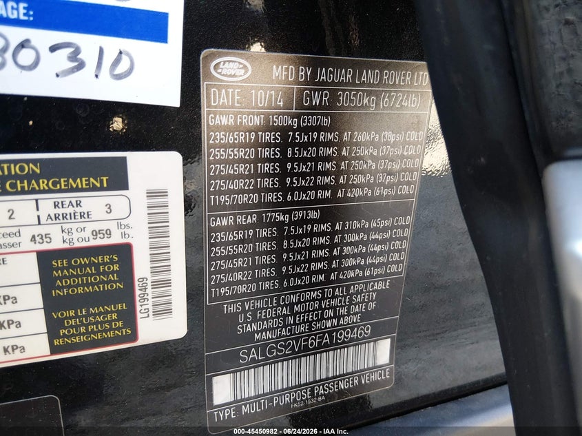 2015 Land rover RANGE ROVER VIN SALGS2VF6FA199469 IAAI salvage auction — NORMAL WEAR, Clear (Georgia), sold $4,625 on 2026-07-09 (photo 9)