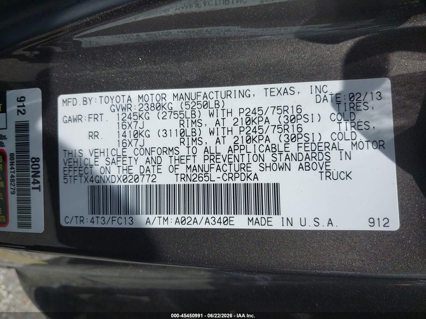 2013 Toyota Tacoma VIN 5TFTX4GNXDX020772 IAAI salvage auction — NORMAL WEAR, Repossession Paperwork (Georgia), sold $7,925 on 2026-07-07 (photo 9)