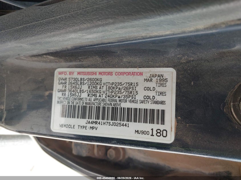 1995 Mitsubishi Montero VIN JA4MR41H7SJ025441 IAAI salvage auction — NORMAL WEAR, Original (Texas), sold $100 on 2026-08-27 (photo 9)