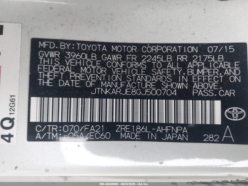 2016 Scion Im VIN JTNKARJE8GJ500704 IAAI salvage auction — ROLLOVER, Salvage Title, sold $425 on 2026-07-23 (photo 9)