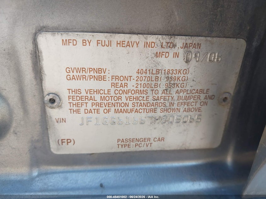 2007 Subaru Impreza VIN JF1GG61667H805065 IAAI salvage auction — NORMAL WEAR, Clear (Pennsylvania), sold $400 on 2026-07-21 (photo 9)