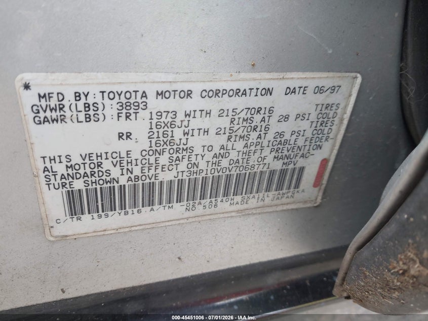 1997 Toyota Rav4 VIN JT3HP10V0V7068771 IAAI salvage auction — REAR END, Bill Of Sale (Washington), sold $375 on 2026-07-08 (photo 9)