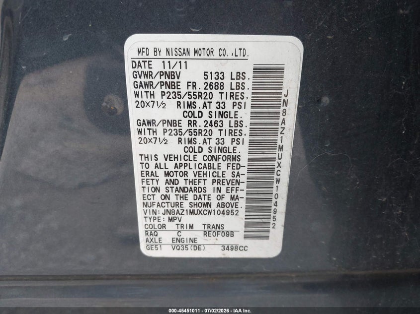 2012 Nissan Murano VIN JN8AZ1MUXCW104952 IAAI salvage auction — NORMAL WEAR, Clear (Tennessee), sold $225 on 2026-07-16 (photo 9)