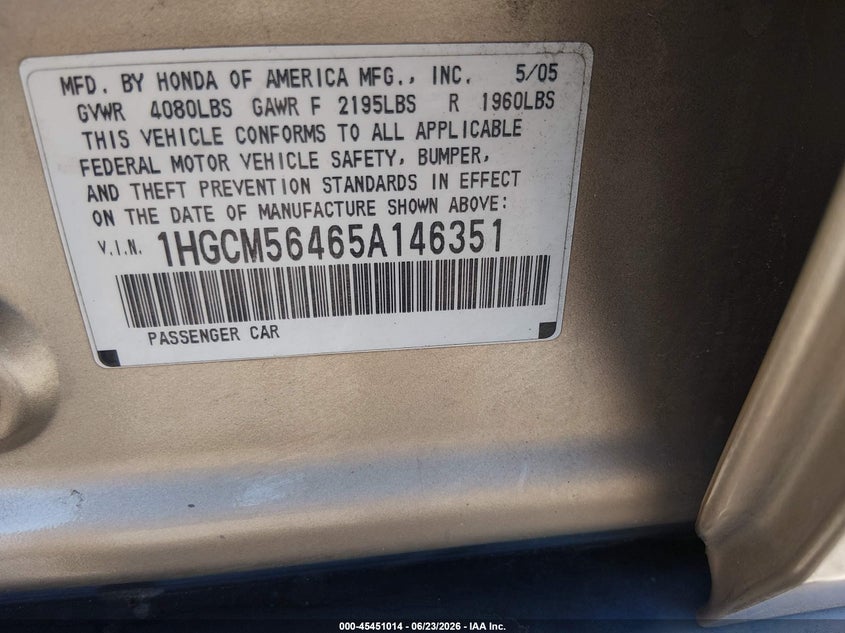 2005 Honda Accord VIN 1HGCM56465A146351 IAAI salvage auction — RIGHT FRONT, Salvage (Nevada), sold $25 on 2026-07-24 (photo 9)
