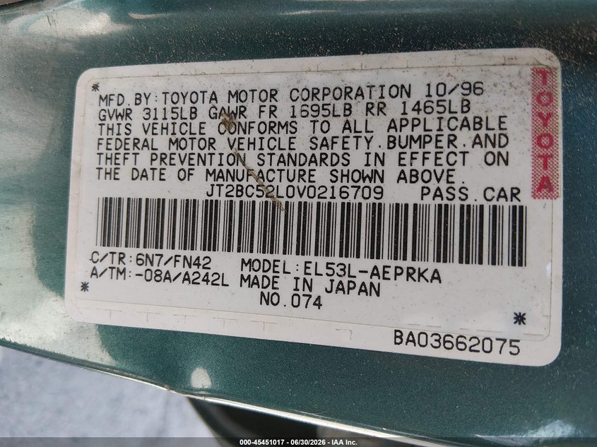 1997 Toyota Tercel VIN JT2BC52L0V0216709 IAAI salvage auction — NORMAL WEAR, Clear - Dealer Only (California), sold $850 on 2026-07-07 (photo 9)