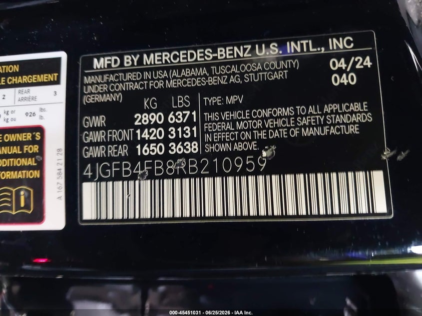 2024 Mercedes-benz Gle VIN 4JGFB4FB8RB210959 IAAI salvage auction — FRONT END, Wait Title, sold $25,150 on 2026-08-20 (photo 9)