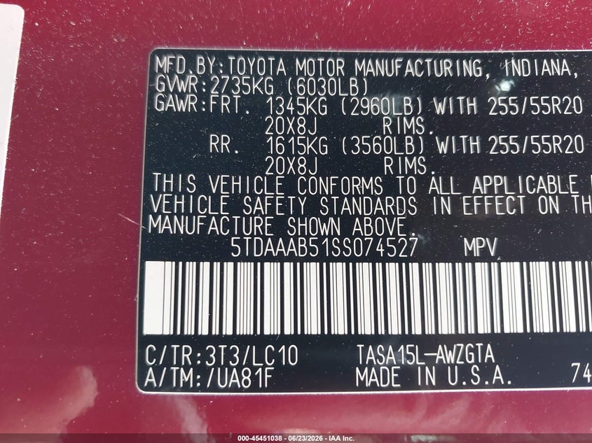 2025 Toyota Highlander VIN 5TDAAAB51SS074527 IAAI salvage auction — FRONT END, Salvage Title, sold $14,100 on 2026-07-27 (photo 9)