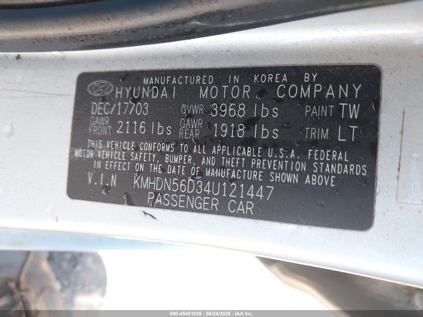 2004 Hyundai Elantra VIN KMHDN56D34U121447 IAAI salvage auction — LEFT FRONT, Clear (New York), sold $425 on 2026-07-14 (photo 9)