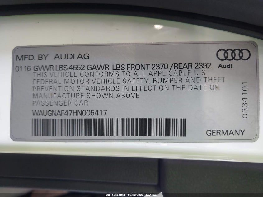 2017 Audi A4 VIN WAUGNAF47HN005417 IAAI salvage auction — NORMAL WEAR, Clear - Dealer Only (California), sold $1,650 on 2026-07-14 (photo 9)