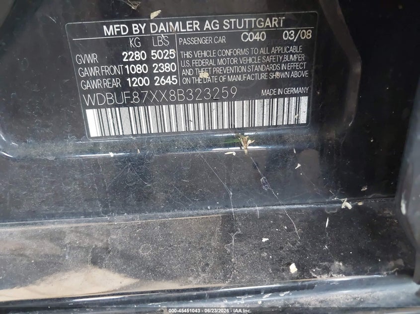 2008 Mercedes-benz E-class VIN WDBUF87XX8B323259 IAAI salvage auction — NORMAL WEAR, Clear (Arizona), sold $500 on 2026-07-14 (photo 9)