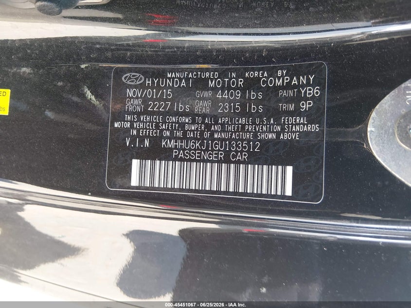 2016 Hyundai Genesis VIN KMHHU6KJ1GU133512 IAAI salvage auction — LEFT FRONT, Salvage Title, sold $475 on 2026-07-29 (photo 9)