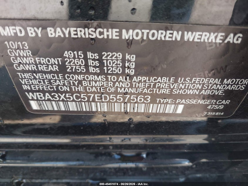2014 BMW 3 series VIN WBA3X5C57ED557563 IAAI salvage auction — NORMAL WEAR, Clear (Florida), sold $2,500 on 2026-07-22 (photo 9)