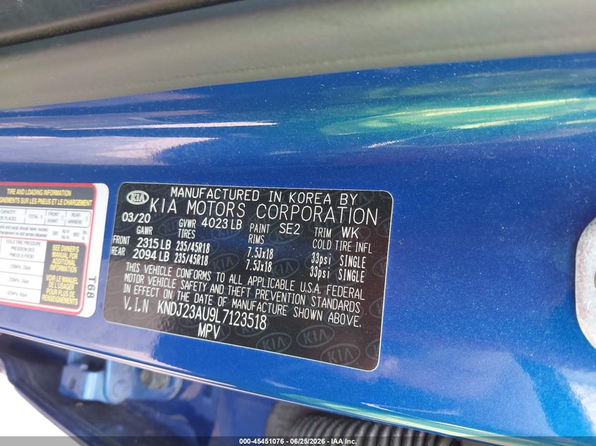 2020 Kia Soul VIN KNDJ23AU9L7123518 IAAI salvage auction — NORMAL WEAR, Clear (Alabama), sold $4,100 on 2026-07-15 (photo 9)