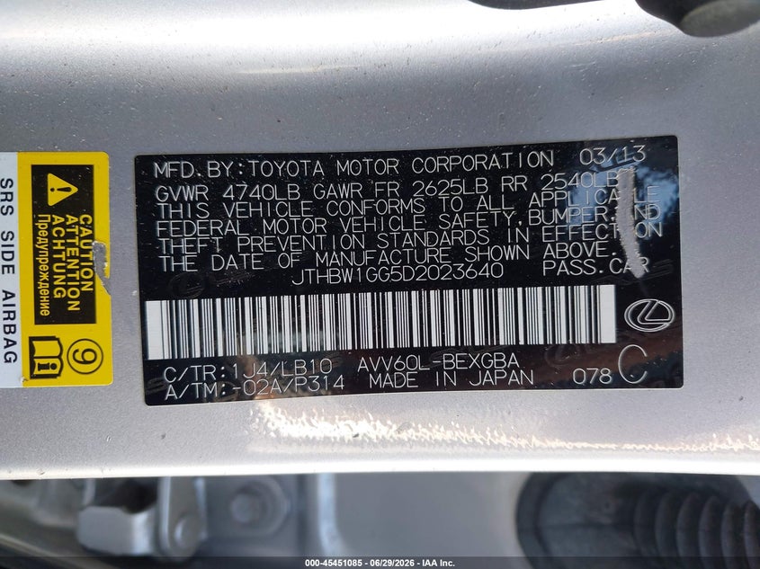 2013 Lexus ES VIN JTHBW1GG5D2023640 IAAI salvage auction — RIGHT FRONT, Salvage Title, sold $2,450 on 2026-09-01 (photo 9)