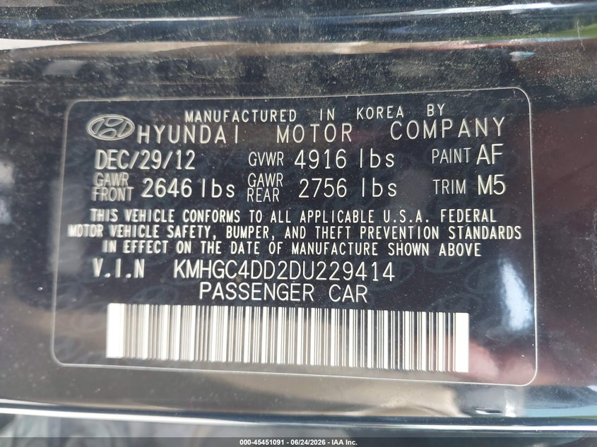 2013 Hyundai Genesis VIN KMHGC4DD2DU229414 IAAI salvage auction — NORMAL WEAR, Original (Texas), sold $1,775 on 2026-07-15 (photo 9)