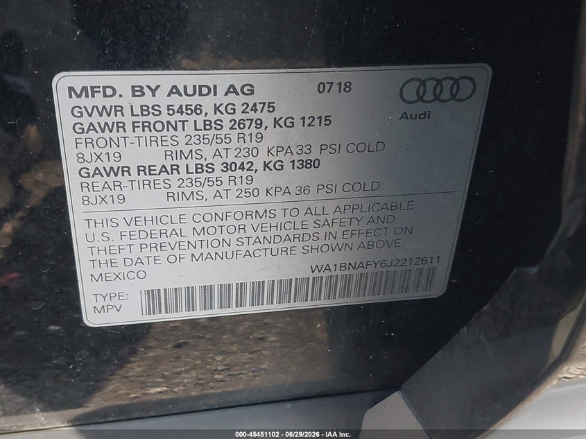 2018 Audi Q5 VIN WA1BNAFY6J2212611 IAAI salvage auction — RIGHT FRONT, Salvage - Greater Than 75% (Maryland), sold $6,100 on 2026-07-20 (photo 9)