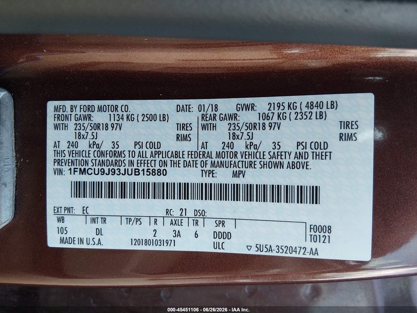 2018 Ford Escape VIN 1FMCU9J93JUB15880 IAAI salvage auction — NORMAL WEAR, Original (New Hampshire), sold $2,550 on 2026-07-11 (photo 7)