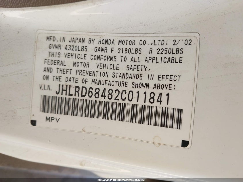 2002 Honda Cr-v VIN JHLRD68482C011841 IAAI salvage auction — NORMAL WEAR, Clear (Arizona), sold $25 on 2026-07-28 (photo 9)