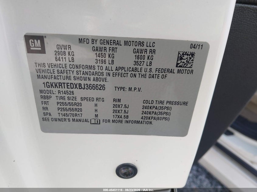 2011 Gmc Acadia VIN 1GKKRTEDXBJ366626 IAAI salvage auction — WATER/FLOOD, Flood (Mississippi), sold $250 on 2026-07-19 (photo 9)