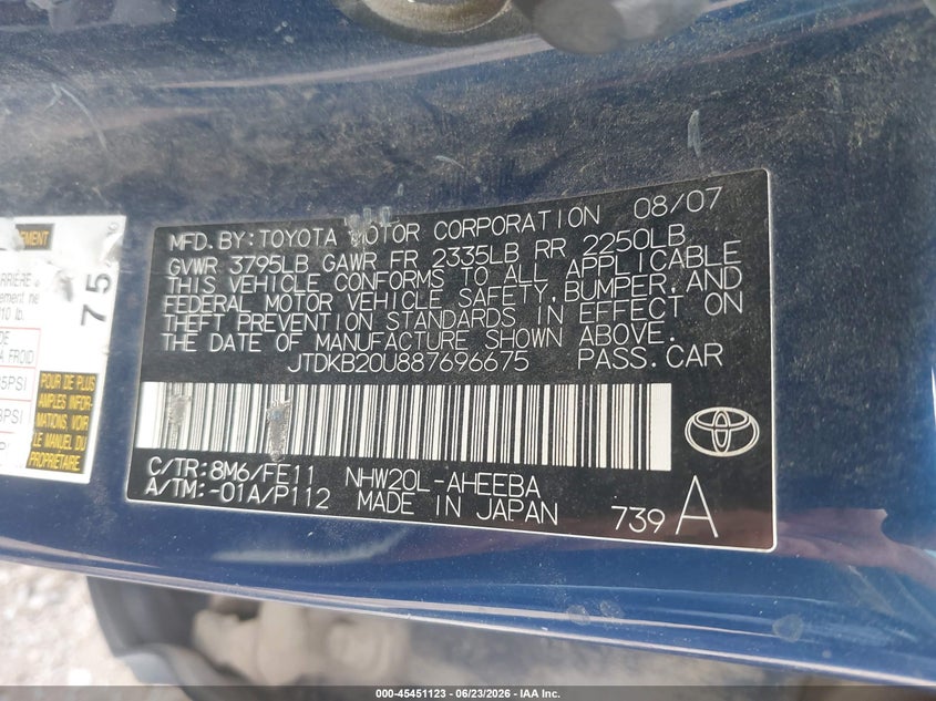 2008 Toyota Prius VIN JTDKB20U887696675 IAAI salvage auction — NORMAL WEAR, Clear (Washington), sold $350 on 2026-07-28 (photo 9)
