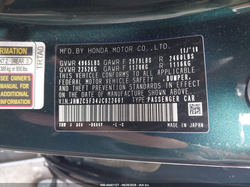 2018 Honda Clarity VIN JHMZC5F34JC022661 IAAI salvage auction — LEFT SIDE, Salvage Title, sold $5,100 on 2026-07-15 (photo 9)
