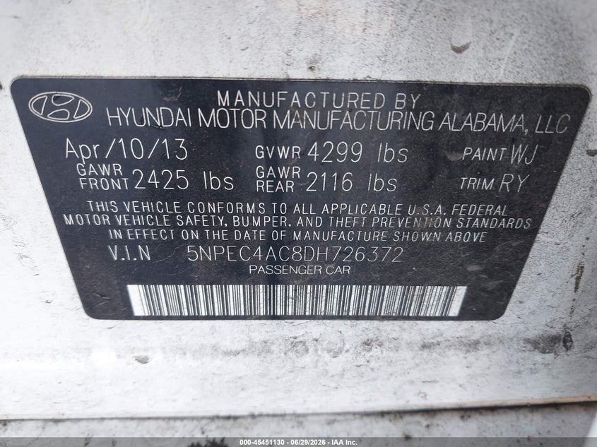 2013 Hyundai Sonata VIN 5NPEC4AC8DH726372 IAAI salvage auction — FRONT END, Clear (Florida), sold $25 on 2026-07-29 (photo 9)