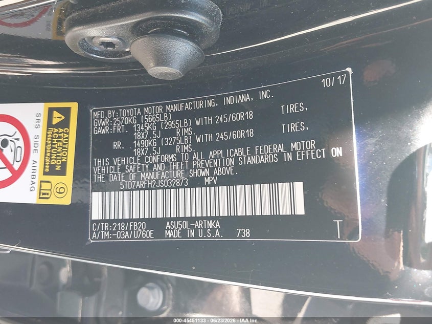 2018 Toyota Highlander VIN 5TDZARFH2JS032873 IAAI salvage auction — REAR END, Salvage Title, sold $5,100 on 2026-08-01 (photo 9)
