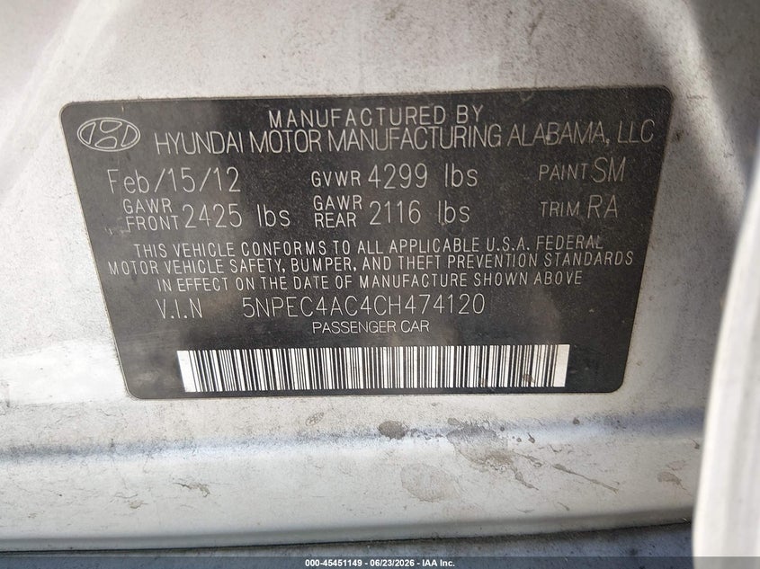 2012 Hyundai Sonata VIN 5NPEC4AC4CH474120 IAAI salvage auction — FRONT END, Salvage (Alabama), sold $400 on 2026-07-20 (photo 9)