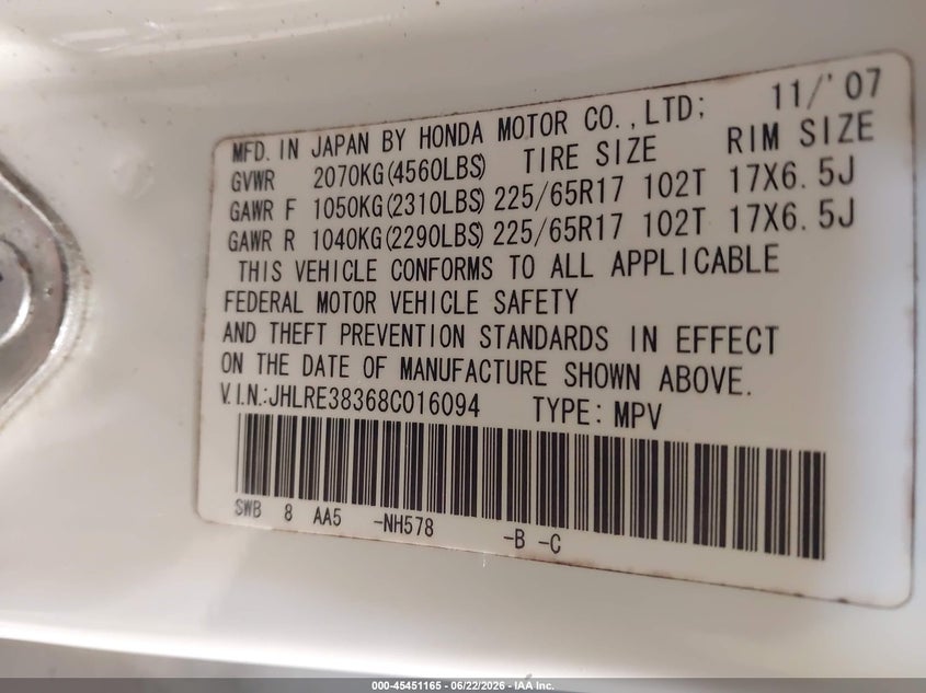 2008 Honda Cr-v VIN JHLRE38368C016094 IAAI salvage auction — NORMAL WEAR, Clear (Tennessee), sold $675 on 2026-07-28 (photo 9)
