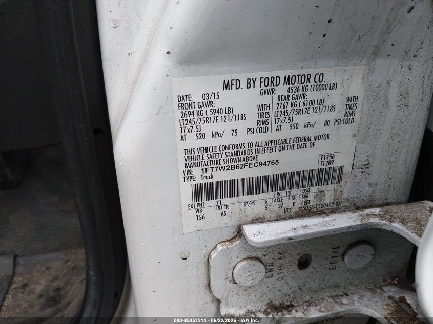 2015 Ford F250 VIN 1FT7W2B62FEC94765 IAAI salvage auction — REAR END, Clear (Connecticut), sold $775 on 2026-07-09 (photo 9)