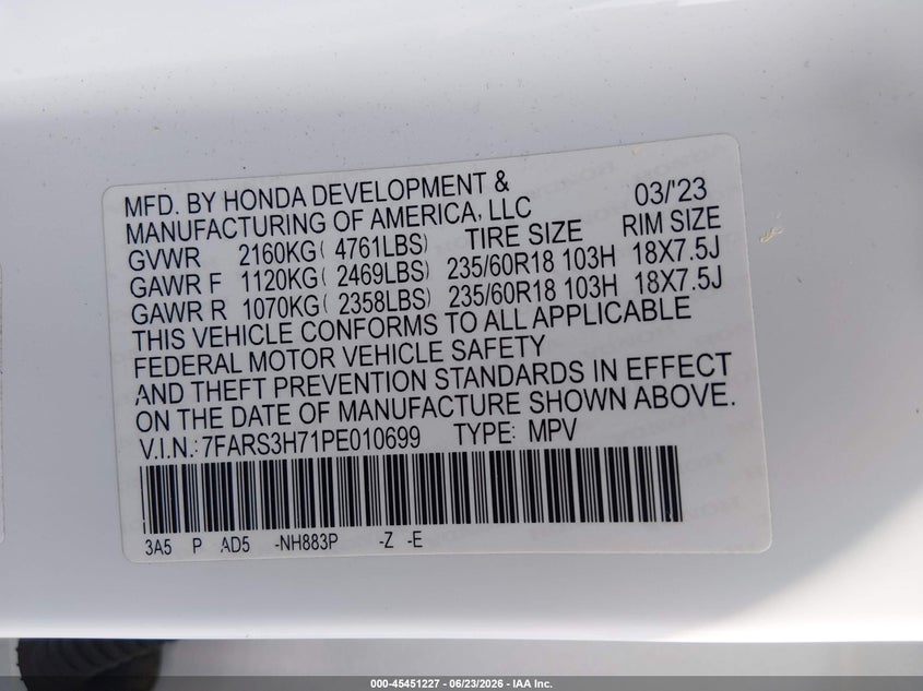 2023 Honda Cr-v VIN 7FARS3H71PE010699 IAAI salvage auction — NORMAL WEAR, Original (Texas), sold $24,400 on 2026-07-13 (photo 9)