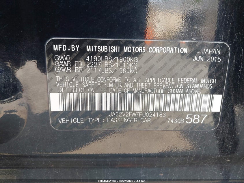 2015 Mitsubishi Lancer VIN JA32V2FW7FU024183 IAAI salvage auction — NORMAL WEAR, Clear (Maryland), sold $1,100 on 2026-07-21 (photo 9)