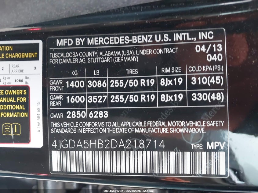 2013 Mercedes-benz M-klasse VIN 4JGDA5HB2DA218714 IAAI salvage auction — LEFT FRONT, Salvage (Pennsylvania), sold $4,800 on 2026-07-11 (photo 9)